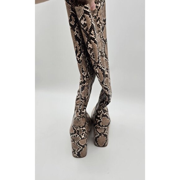 Snake Print Womens Knee-High Boots Size Unknown Brown Faux Leather Block Heel - Picture 4 of 8